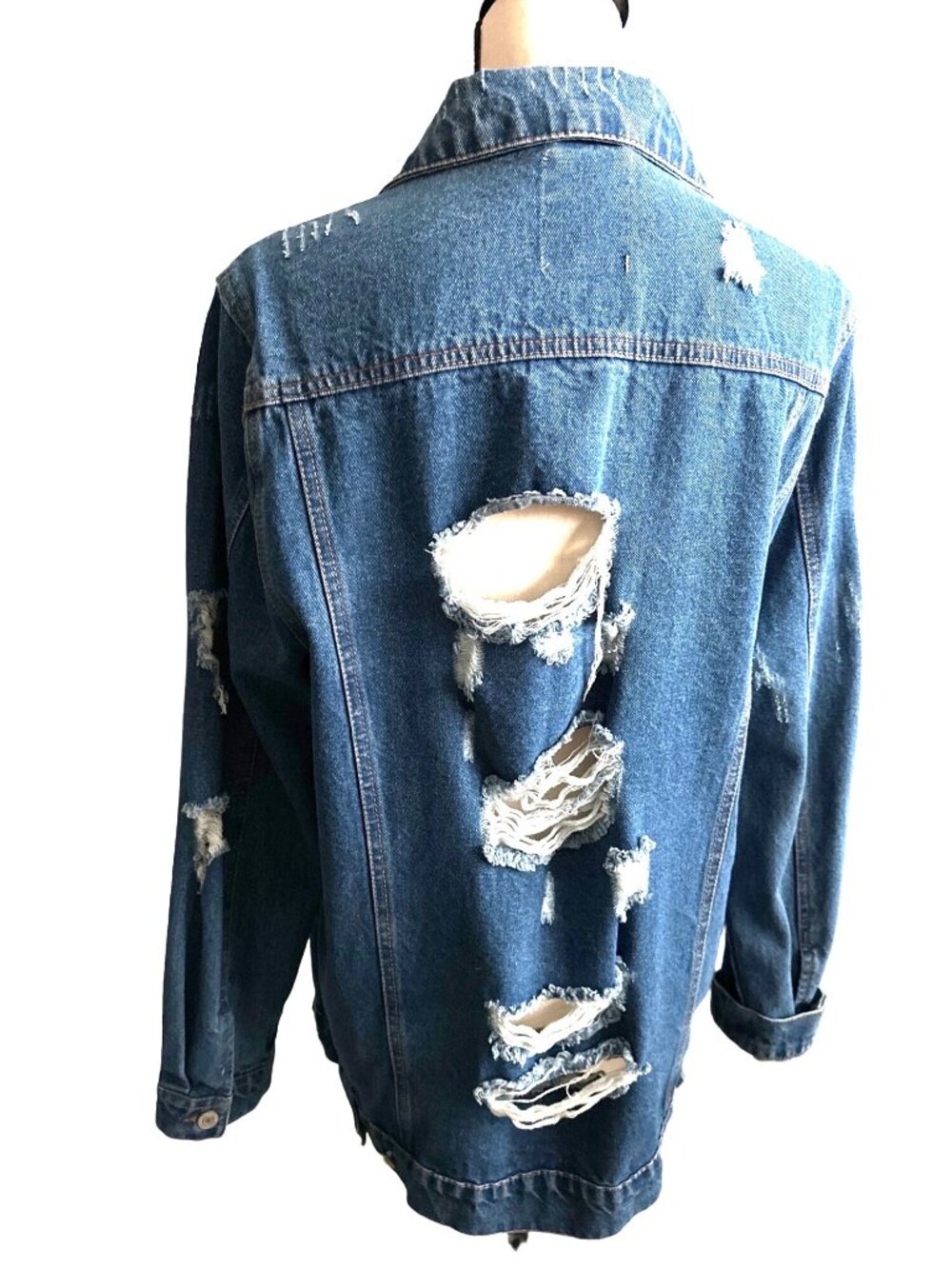 Deconstructed Jean Jacket Iris Mid Length Large Cut Back Frayed Size XL